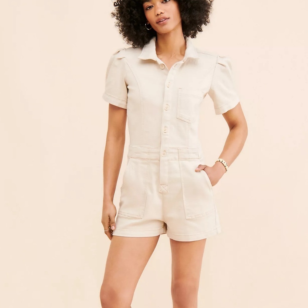 ANTHROPOLOGIE Pilcro The Kit Utility Romper Neutral Cream Size 10 NEW